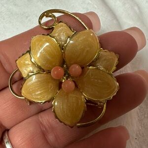 Vintage Coral and Enamel Floral Brooch